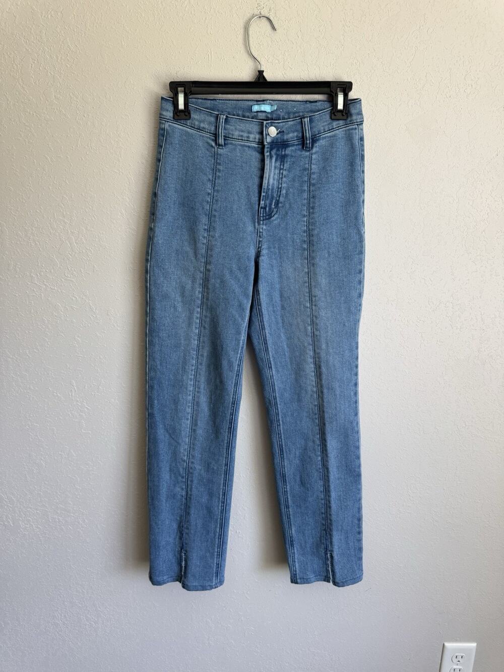 J.McLaughlin Mid Blue Denim Pin Stripe Faux Split Hem Straight Leg Jean Womens 0
